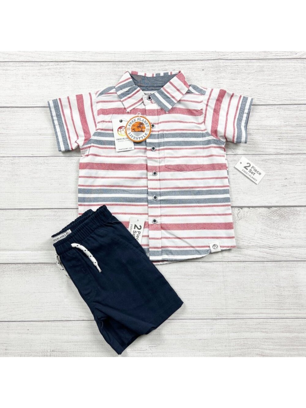 Free Planet Outfit Set 2-Piece Striped Button Up Shirt Shorts NWT 2T